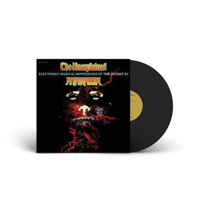 Vinyl record with dark, abstract cover art and glowing red lines titled The Unexplained by Ataraxia