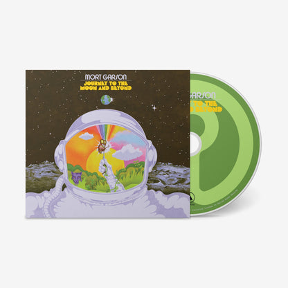 CD album cover for Journey to the Moon and Beyond showing an astronaut helmet reflecting a colorful surreal landscape