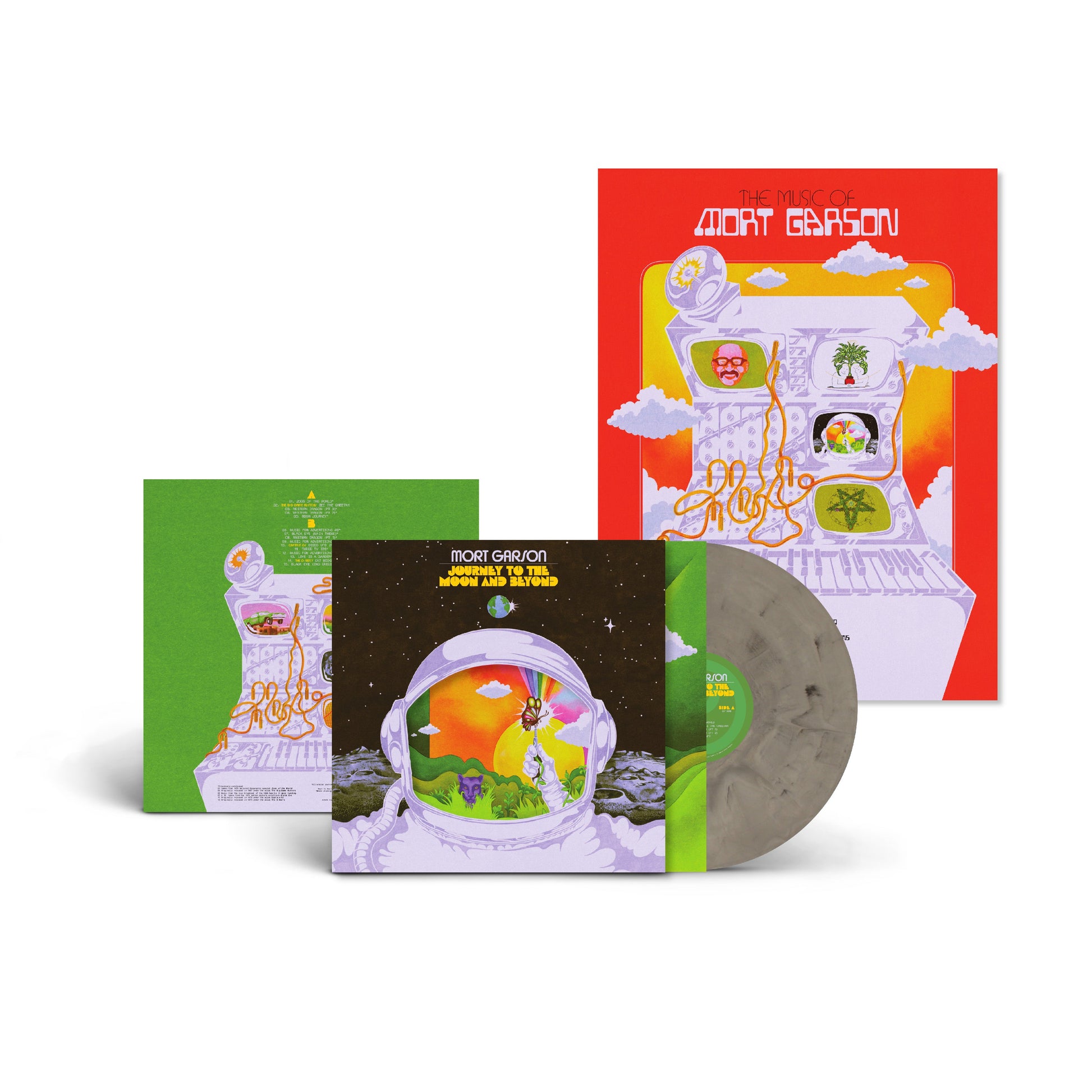 Vinyl record and album cover art for Journey to the Moon and Beyond featuring colorful astronaut and space designs