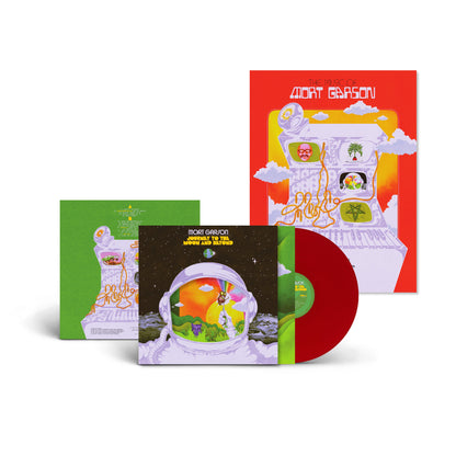 Vinyl record and packaging for Journey to the Moon and Beyond with space-themed colorful artwork and red vinyl disc
