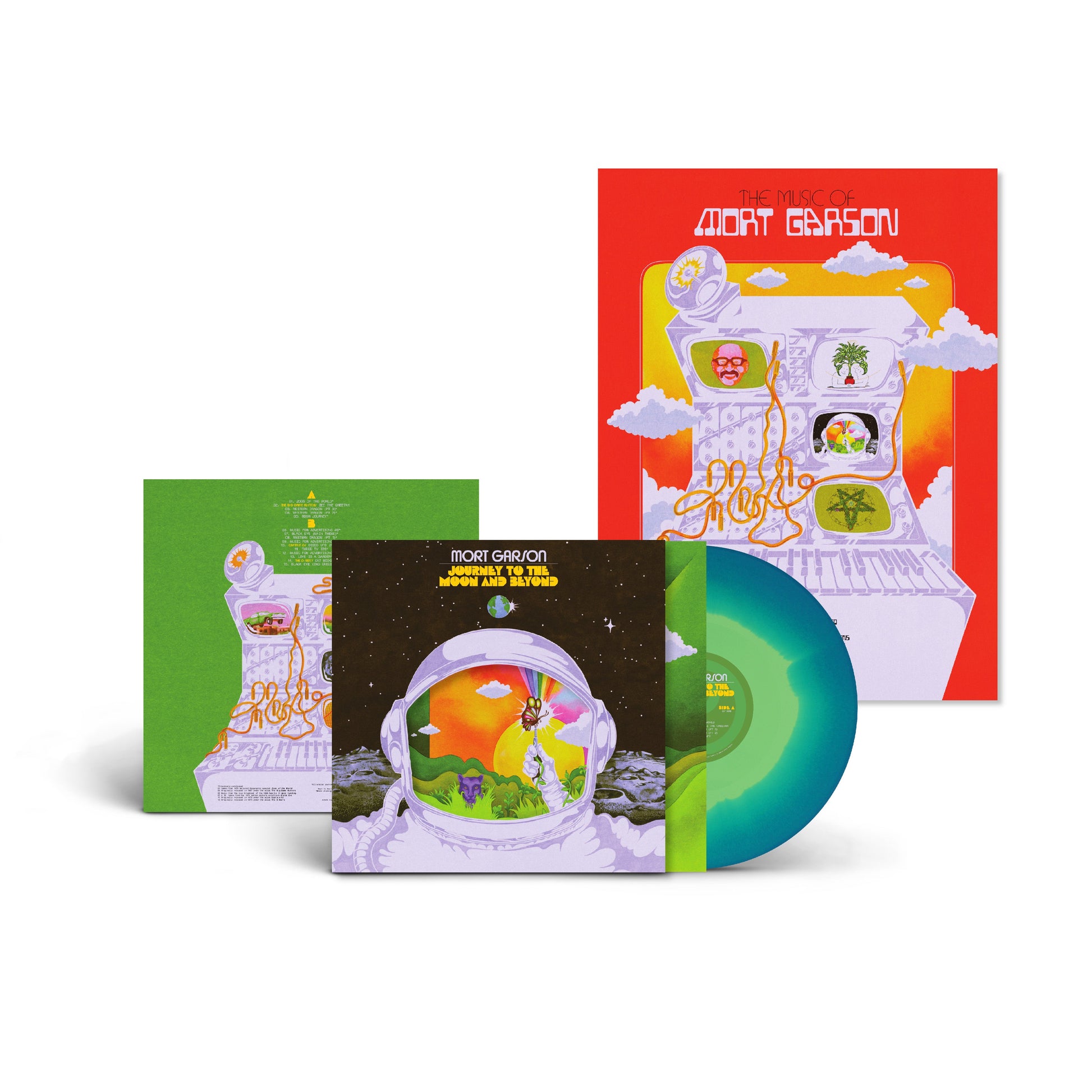 Colorful vinyl record and packaging set with space-themed artwork for Journey to the Moon and Beyond album release