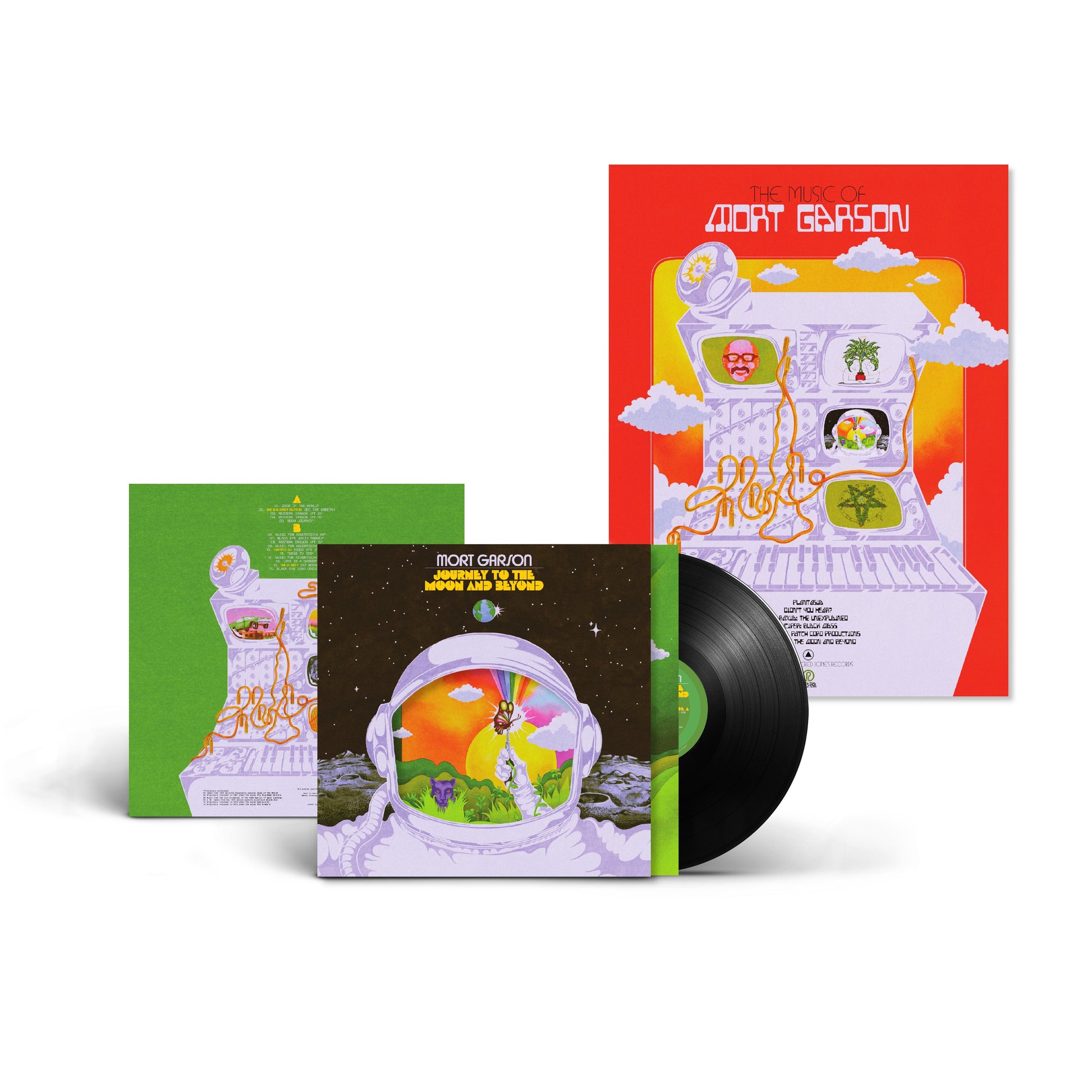 Vinyl record set with colorful astronaut helmet cover and posters for Journey to the Moon and Beyond album by Mort Garson