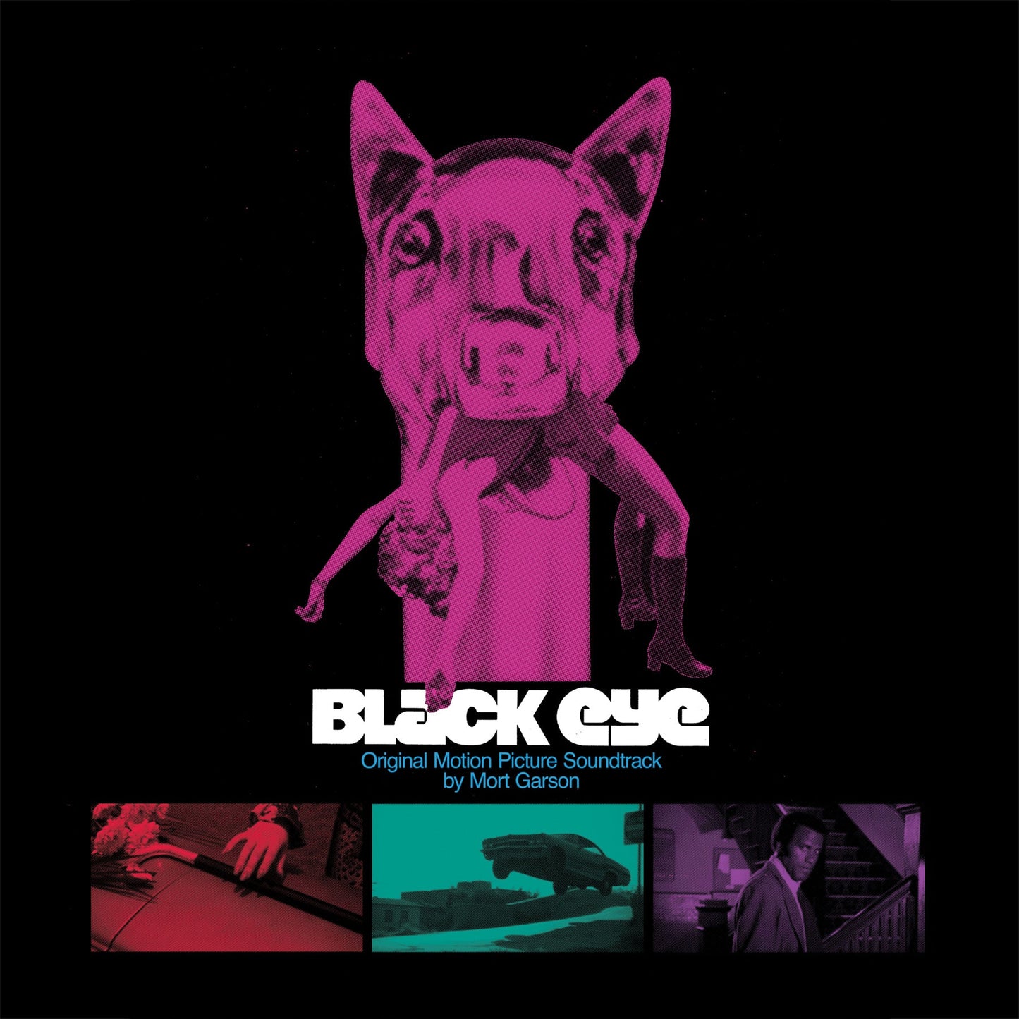 Black Eye album cover art featuring a pink dog head with a person hanging and film stills on black background